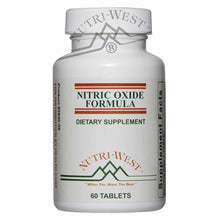 White Nutri-West bottle labeled "Nitric Oxide Formula" dietary supplement containing 60 tablets.
