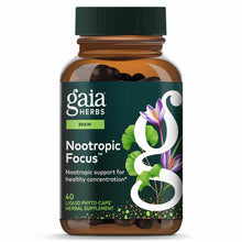 Gaia Herbs Nootropic Focus bottle with green cap containing 40 dark liquid phyto-caps herbal supplement.