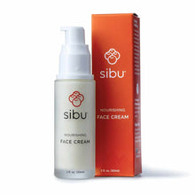 Sibu Nourishing Face Cream in a white pump bottle next to its red and orange cardboard box packaging.