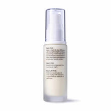 Clear plastic bottle with white pump dispenser containing pale cream-colored facial moisturizer with product information labe