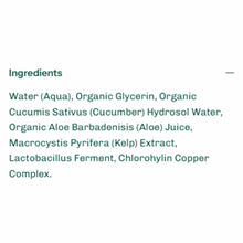 Green text on a white background lists toner ingredients, including water, glycerin, cucumber hydrosol, aloe juice, kelp extract, and lactobacillus ferment.