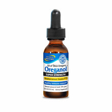 Brown glass dropper bottle of Oreganol wild oregano oil with black cap and blue, white, and yellow label.