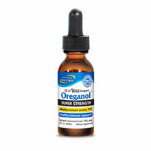 Amber glass dropper bottle of wild oregano oil with blue and white label, black cap, 1 fl oz size.