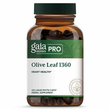 Brown glass bottle with green cap containing dark capsules, labeled Gaia Herbs Pro Olive Leaf 1360 herbal supplement.