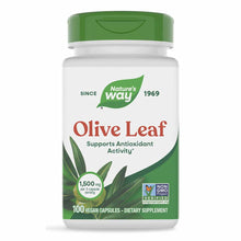 Nature's Way Olive Leaf 1500 mg supplement bottle with green cap and white label, containing 100 vegan capsules.
