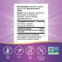 Supplement Facts label for Olive Leaf 1500 Mg capsules with gluten-free, vegan, dairy-free, and Non-GMO Project Verified cert