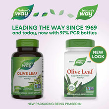 Nature's Way Olive Leaf 1500 mg supplement bottles showing old dark glass container and new white packaging design.