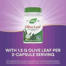 Nature's Way Olive Leaf 1500 mg supplement bottle with green cap and white label on purple background.