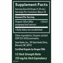Supplement Facts label for Gaia Herbs Organic Olive Leaf extract showing serving size, ingredients, and certification details