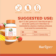 MaryRuth's Omega 3-6-7-9 gummy supplement bottle with peach flavor, labeled no gelatin, gluten-free, and nut-free.