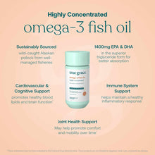 True Grace Omega-3 Fish Oil bottle with mint-green cap on peach background surrounded by product benefit text.