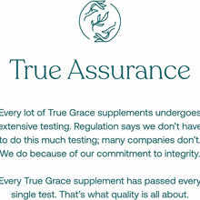 True Grace logo with stylized leaves in a circle above "True Assurance" text and quality testing information.