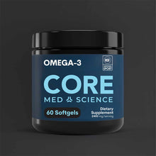 Black and dark blue bottle of Core Med Science Omega-3 softgels containing 60 capsules with NSF Certified Sport label.
