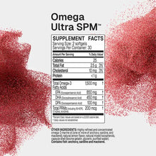 Supplement facts panel for Omega Ultra SPM listing serving size, omega-3 amounts, and ingredients, set between two red powder splashes on white.