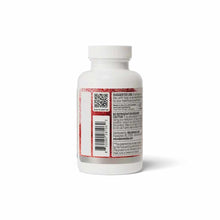 A white supplement bottle with a white cap, turned to show a red-speckled label with a QR code, barcode, and usage text.
