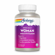 Solaray Once Daily Woman Multivitamin bottle with white cap and purple label, 90 vegcaps.