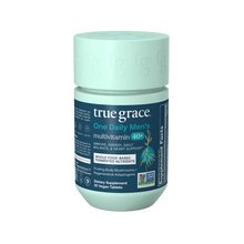 True Grace One Daily Men's 40+ multivitamin bottle with light green cap and dark label, 30 vegan tablets.