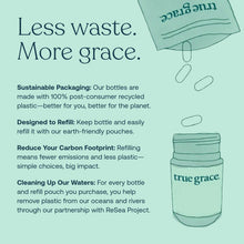 True Grace reusable bottle with refill pouch and loose capsules on mint green background.