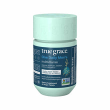 True Grace One Daily Men's multivitamin bottle with mint-green cap and dark blue label, containing 30 vegan tablets.