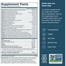 Supplement Facts label for True Grace One Daily Men's Multi vitamin tablet showing ingredients, daily values, and certificati