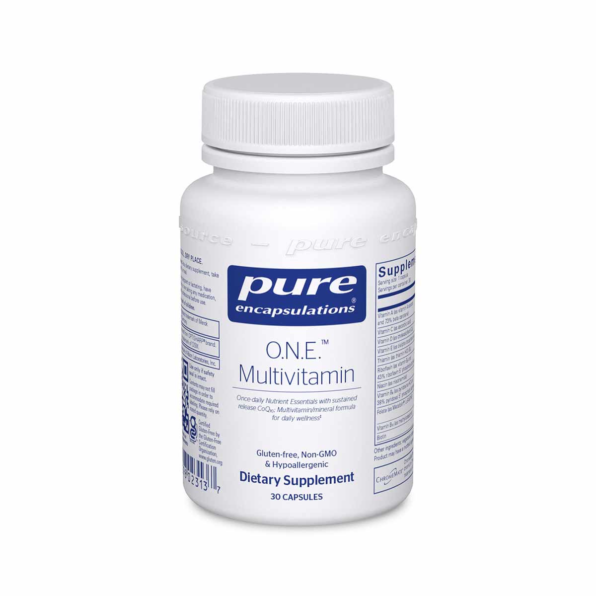 White bottle of Pure Encapsulations O.N.E. Multivitamin dietary supplement with white screw cap, containing 30 capsules.
