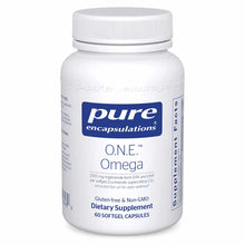 White plastic bottle of Pure Encapsulations O.N.E. Omega dietary supplement with white screw cap and blue label, containing 6