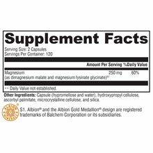 Supplement Facts label for OptiMag 125 showing magnesium 250 mg per serving in capsule form with 120 servings per container.