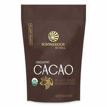 Brown pouch of Sunwarrior Organic Cacao powder with gold logo, USDA organic seal, and cacao pod illustration.