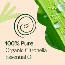 Green leaves with water droplets beside text reading "100% Pure Organic Citronella Essential Oil" and a simple smiley face ic