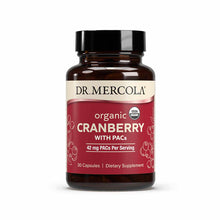 Brown glass bottle with black cap labeled "Dr. Mercola organic Cranberry with PACs, 30 capsules, dietary supplement."