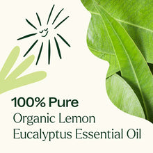 Green eucalyptus leaves and a stylized sun illustration with text reading "100% Pure Organic Lemon Eucalyptus Essential Oil."