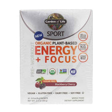 Organic Plant-Based Energy + Focus, Sugar Free Blackberry Cherry, 12 Packets, by Garden of Life Sport
