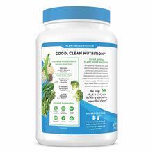 White cylindrical jar with blue cap and label showing plant-based protein powder with spinach, broccoli, and kale ingredients