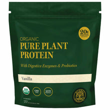 Dark green resealable pouch of Organic Pure Plant Protein powder in Vanilla flavor, 20g protein per serving, with USDA Organi