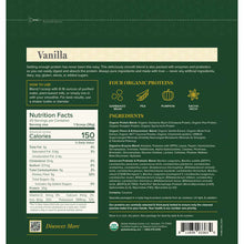 Vanilla-flavored plant protein powder container back panel with nutrition facts, ingredients list, and usage instructions on