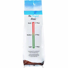 Tylers Coffee 12 oz bag of organic ground coffee with blue header and brewing strength guide on white label.