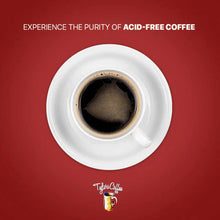 White cup filled with dark brewed coffee on red background with Taylor Coffee logo.