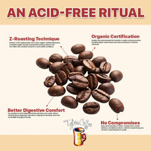 Brown roasted coffee beans with text describing acid-free ritual, Z-roasting technique, organic certification, and Tyler's Co