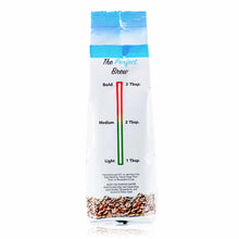 Tylers Coffee 12 oz bag with blue watercolor design showing brewing strength guide and whole coffee beans visible at bottom.