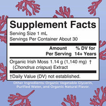 Supplement Facts label showing serving size 1 mL with organic Irish moss extract as main ingredient on purple background with