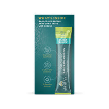 Organic Super Greens Bloat Relief stick pack in Citrus Apple flavor with teal packaging showing ingredients and product detai