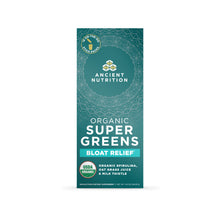Teal box of Ancient Nutrition Organic Super Greens Bloat Relief stick packs with USDA Organic seal.