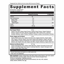 Supplement Facts label for Ancient Nutrition SuperGreens + Bloat Relief powder showing serving size, nutritional information,
