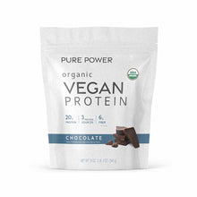 White pouch of Pure Power organic vegan protein powder in chocolate flavor with USDA organic seal and nutrition details.
