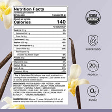 Nutrition facts label for vegan protein powder with vanilla bean pods and USDA organic certification displayed on lavender ba