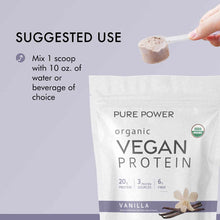 Hand holding a scoop of tan-colored protein powder above a white pouch labeled "Pure Power organic Vegan Protein" in vanilla