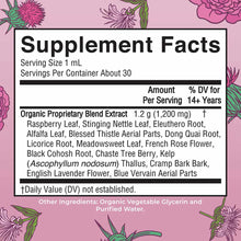 Supplement Facts label for organic herbal blend with raspberry leaf, nettle, thistle, and other botanicals on pink floral bac