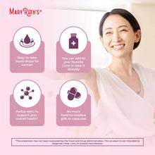 MaryRuth's Organics liquid drops for women's wellness with product information icons and a smiling woman in a white top.