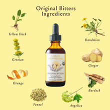 Urban Moonshine Original Bitters bottle with dropper surrounded by ingredient illustrations including yellow dock, gentian, d