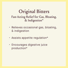 Urban Moonshine Original Bitters product label with text describing relief for gas, bloating, and indigestion benefits.